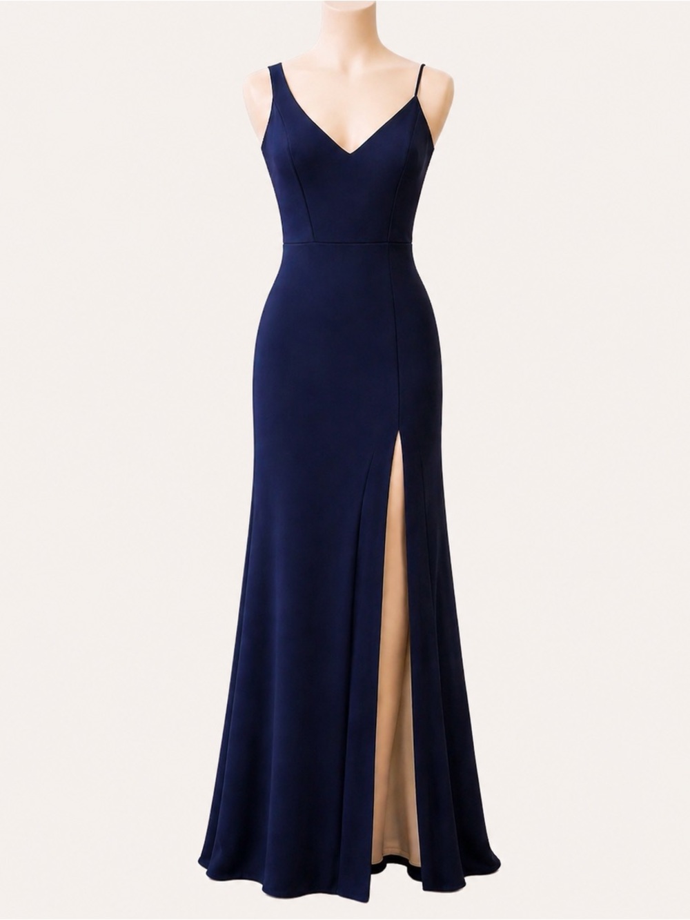 NWT Xscape Navy V Neck Spaghetti Strap Slit Gown Formal Prom Dress 10 MSRP $278 - Picture 1 of 3
